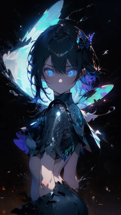 1 anime boy, alone,Black petals flutter, A mysteriously shining butterfly.city,thin legs,Gloomy cloudy sky,sad expression,very clear,highest quality,city,standing on the street corner,Are crying,tears,close up of face,
,The world in the book