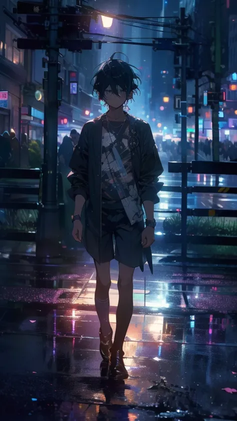 1 anime boy, alone,Black petals flutter, A mysteriously shining butterfly.city,thin legs,Gloomy cloudy sky,sad expression,very clear,highest quality,city,standing on the street corner,Are crying,tears,close up of face,
,The world in the book,Scenic center