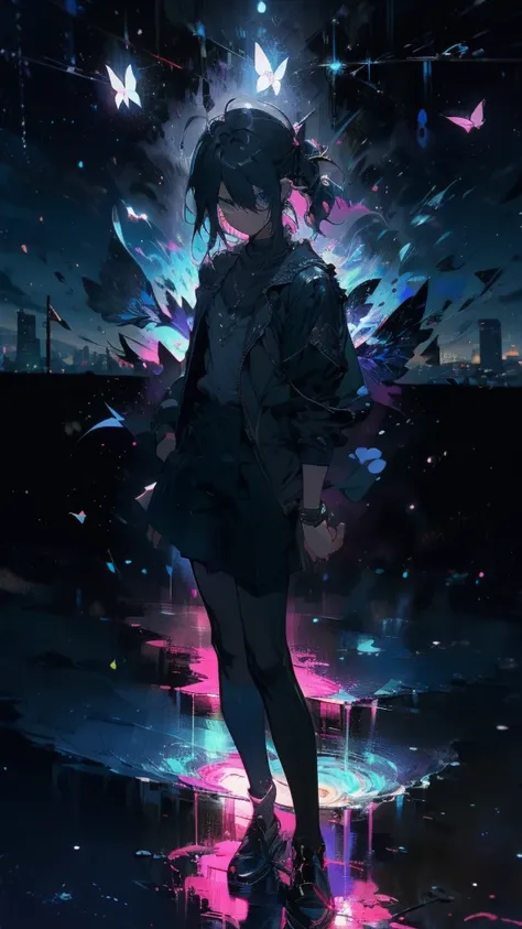 1 anime boy, alone,Black petals flutter, A mysteriously shining butterfly.city,thin legs,Gloomy cloudy sky,sad expression,very clear,highest quality,city,standing on the street corner,Are crying,tears,close up of face,
,The world in the book,NO human