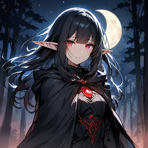 ((Woman with black hair and red eyes)), ((Wearing black clothes and a cloak)), ((highest quality, masterpiece, Ultra high definition, High resolution)), ((Ultra-detailed illustrations:1.2)), 1 Girl, Anime Girls, Elf Girl, Upper Body, Beautiful Hair, Beauti...