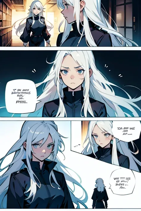 Girl with long white hair panicking, manga page with panels and dialogue 