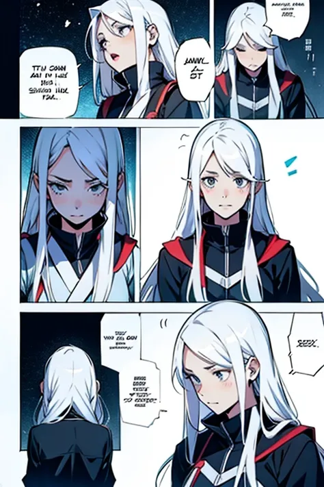 Girl with long white hair panicking, manga page with panels and dialogue 