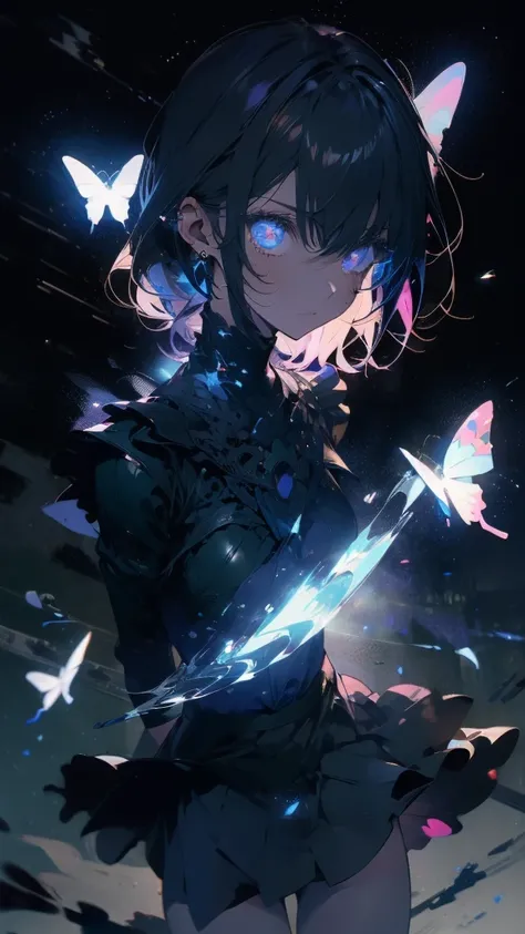 1 anime boy, alone,Black petals flutter, A mysteriously shining butterfly.city,thin legs,Gloomy cloudy sky,sad expression,very clear,highest quality,city,standing on the street corner,Are crying,tears,close up of face,
,Look up at the stars