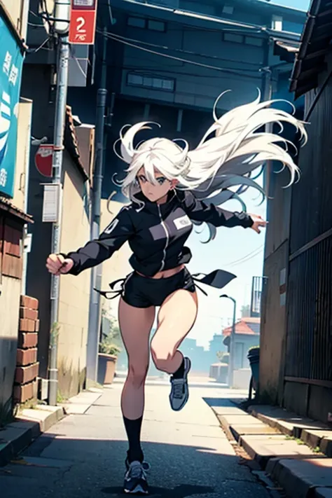 Girl with long white hair running, manga page with panels and dialogue 