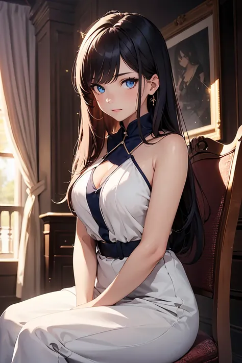 ((1 girl)), White stylish dress, Sit on a chair, Lady, Cowboy Shot,((Very detailed,highest quality, High resolution, 8k wallpaper, Beautiful clothes,)),((Navy Hair, Long Hair,Straight hair)),eye shadow, eyeliner,Glow Eye, Very detailedな目, Complex eyes, Bea...