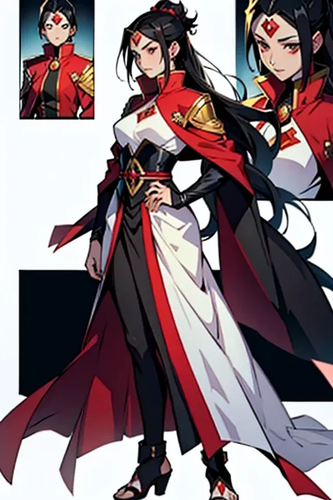 Empress with black hair and red diamond on forehead full body , manga page with panels and dialogue 