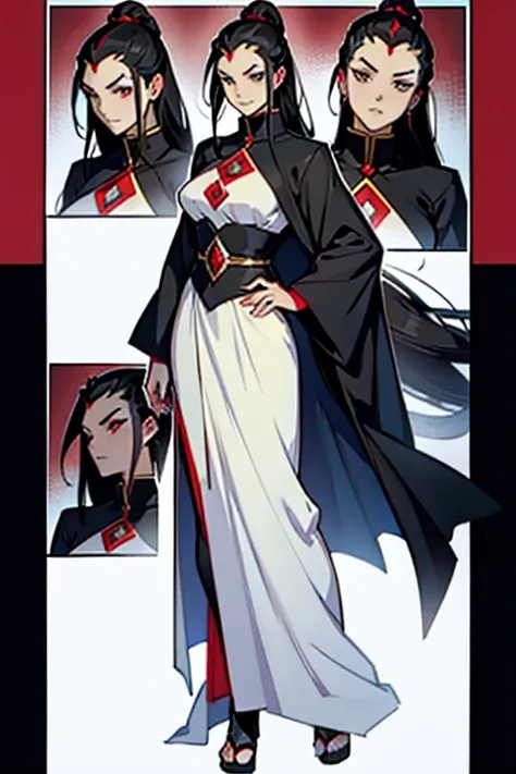 Empress with black hair and red diamond on forehead full body , manga page with panels and dialogue 