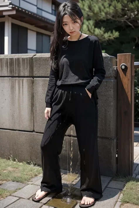 Japanese Girl sees the ghost and pees her black palazzo pants until her pants are wet in fright.