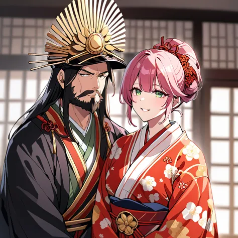 ((highest quality)), ((masterpiece)), (detailed), （Perfect Face）、（The woman is Rena, with short pink hair and a gentle smile. She is in a luxurious samurai mansion and is the wife of Oda Nobunaga. She is wearing a gorgeous, brightly colored, patterned and ...