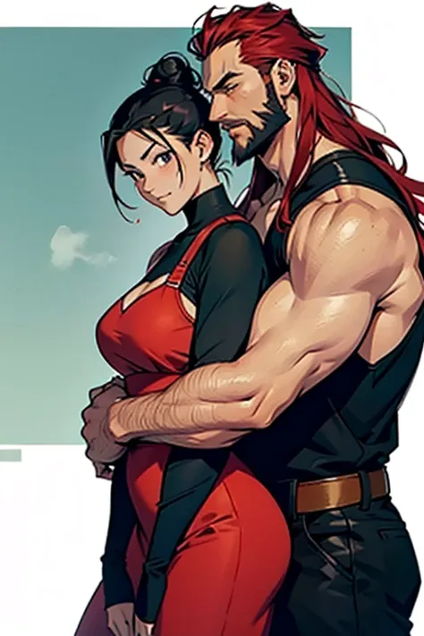 Girl with black hair in a bun hugging a guy with long red hair and a beard , manga page with panels and dialogue 