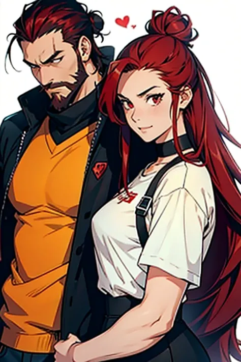 Girl with black hair in a bun, shes in love with a guy with long red hair and a red beard , manga page with panels and dialogue 