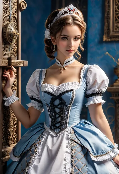 in a popular rpg game, the character controlled by the player is a maid working in a fantasy castle, dressed in the game's uniqu...