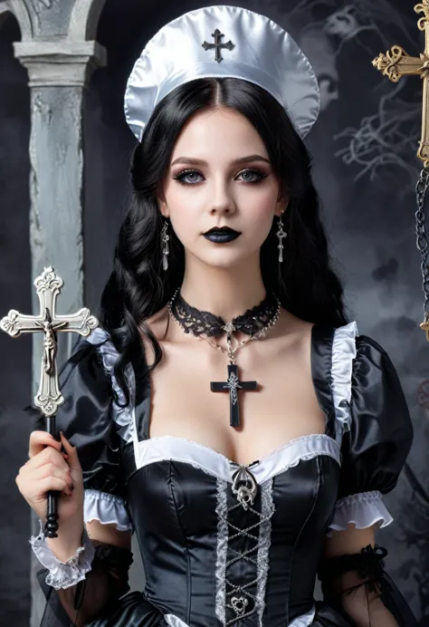 at a halloween  with the theme of "alternative professional role-playing", a young woman dressed in a creative black gothic maid...