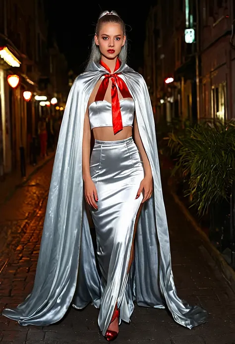 (RAW Photo) , (highly detailed:1.20) , ultra realistic :1.10) ,sexy girl in her 20s , (perfect face:1.20) , (detailed red pupils :1.20) , with long silver hair in ponytail , (((long silver satin cape tied at the neck with a ribbon :1.20))) , maxi skirt  , ...