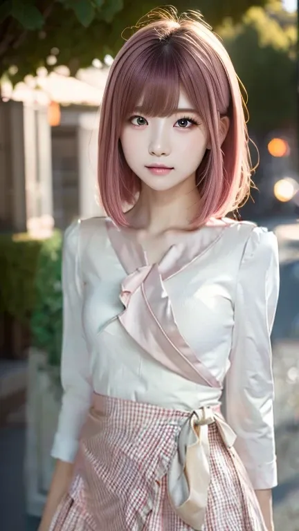 (8K, photorealistic, RAW photos, best image quality), masterpiece, very detailed and professional lighting, very careful balance of face and body, small bust, pose with arms forward, gingham ruffle trim blouse, pink-beige satin wrap long skirt