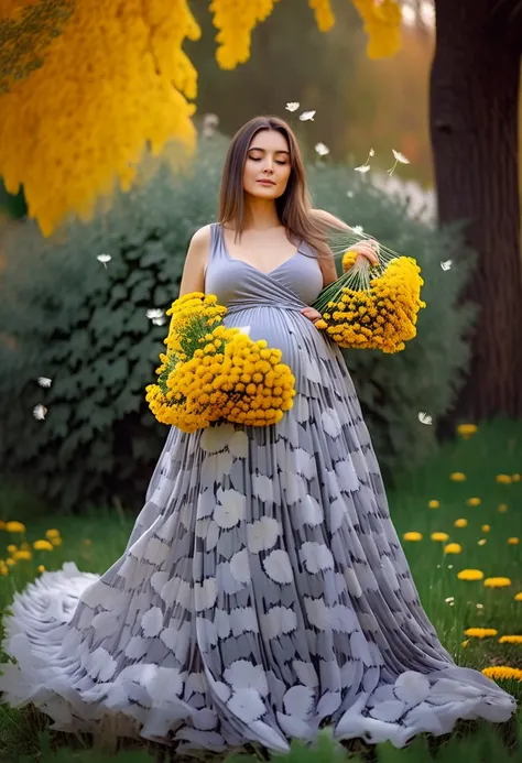 outdoor photography , high detailed , 4k , cinematic light , ultra high quality , pregnant woman in a gray dress posing for a photo, full body photoshoot, beautiful full body shot , marble paper dress , colorful dress , garden full of flowers on background...