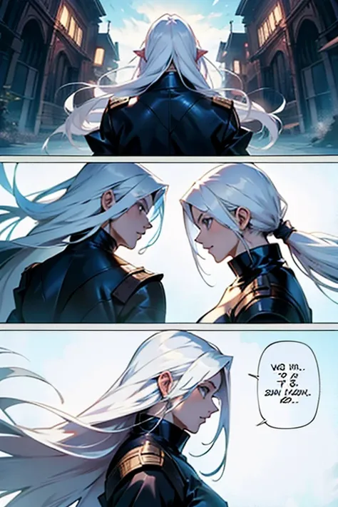 Girl with long white hair coming back to life, epic, manga page with panels and dialogue 