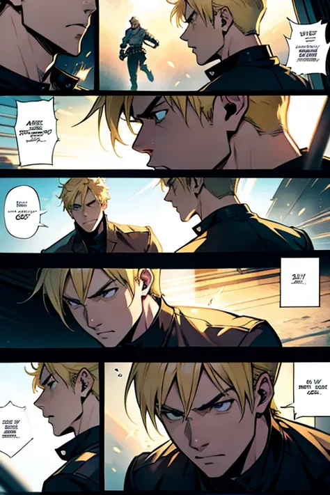 Blonde guy fighting , manga page with panels and dialogue 