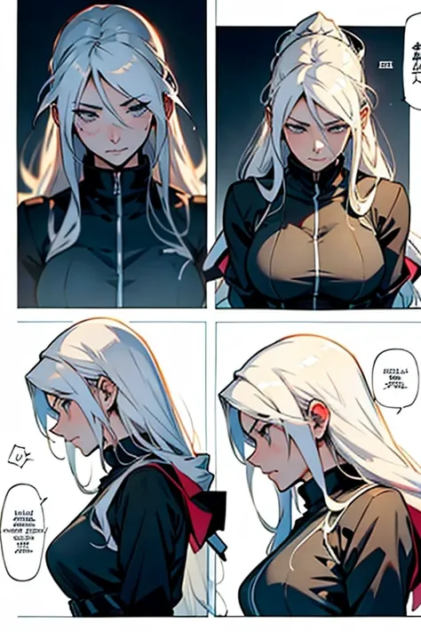 Girl with long white hair in pain , manga page with panels and dialogue 