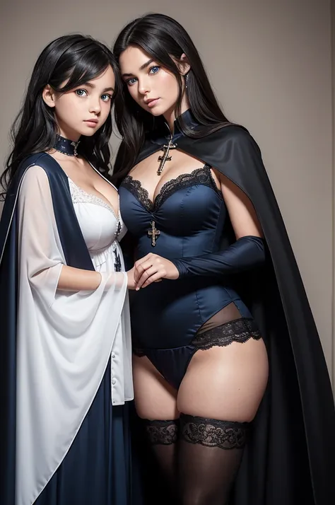 mother and daughter portrait break: daughter teenager(1.3), 13 years old, very small breats, black hair , blue eyes, detailed face, angelical face, dress with cape, desing with christian cross, cleavage ,soft lesbian, break: mature mother, middle-age, long...