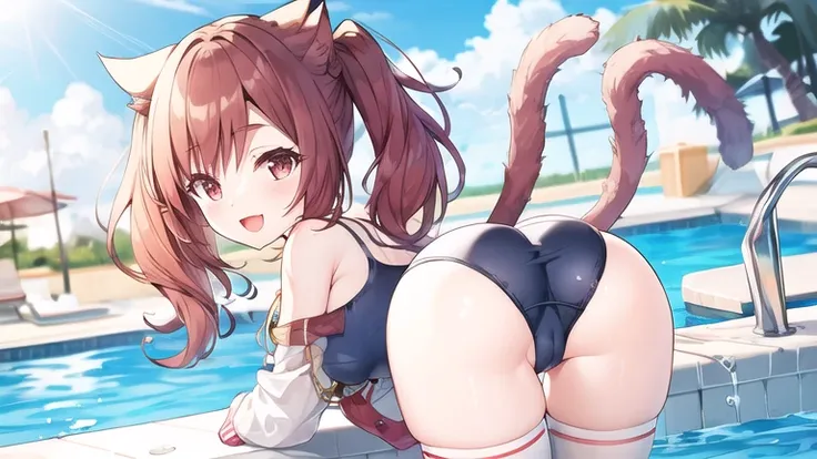 i-19(azur lane),school_swimsuit,white_legwear,jacket,cat tail,twintails, poolside,:d, looking at viewer, smile,from behind,, masterpiece, best quality, extremely detailed face, sharp details, high contrast,