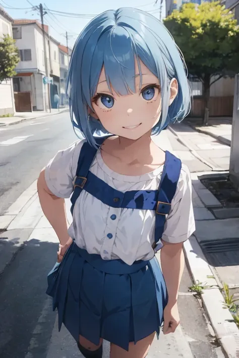 A litle girl blue ice hair color bobcut hairstyle 10 years old girl wearing blue sailor longs hand  with white skirt fully smile showing teeth face ekspression her pony hiding her right eye full body from head to feet view 