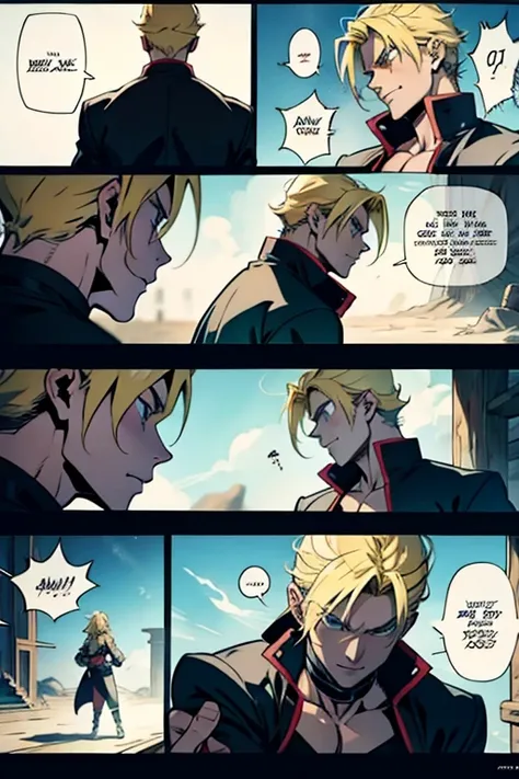 Anime guy with blonde hair using fighting magic, manga page with panels and dialogue 