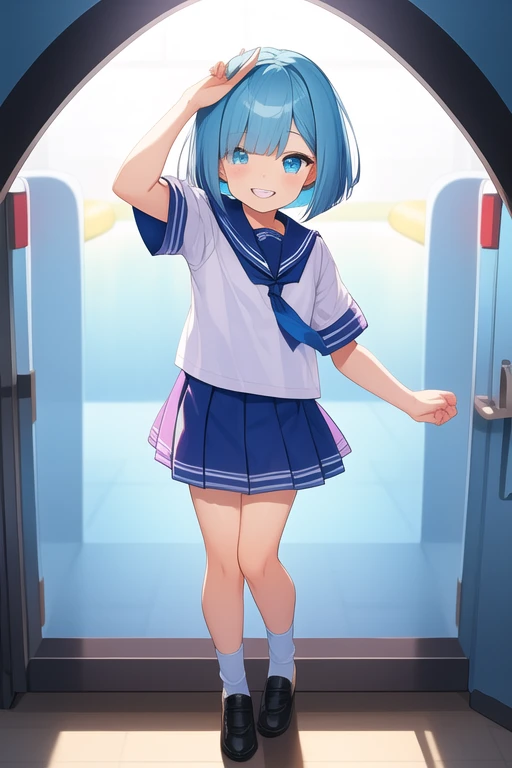 A litle girl blue ice hair color bobcut hairstyle 10 years old girl wearing blue sailor longs hand  white color skirt fully smile showing teeth face ekspression her pony hiding her right eye full body from head to feet view 