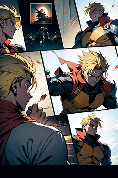 Anime guy with blonde hair fighting a monster , manga page with panels and dialogue 