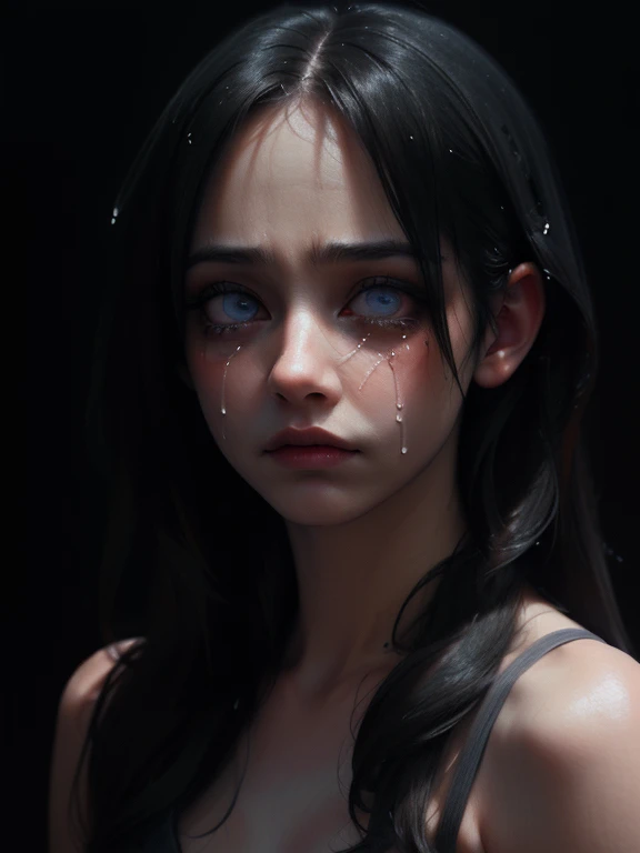 a crying girl with a large gaping mouth, eyes hidden behind long flowing hair,(best quality,4k,8k,highres,masterpiece:1.2),ultra-detailed,(realistic,photorealistic,photo-realistic:1.37),detailed eyes and face,detailed facial features,emotional portrait,dar...