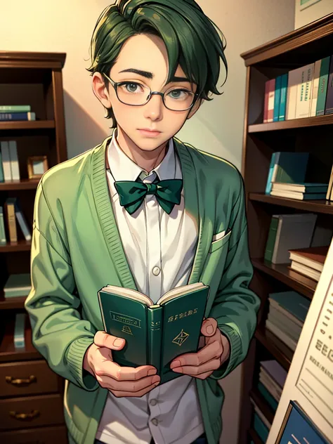 Cute, nerdy boy, delicate face, beautiful face, shy expression and flushed cheeks, green eyes, delicate mouth, delicate body. Hes wearing round glasses, nerdy clothes, holding books. Scene, teenagers room.