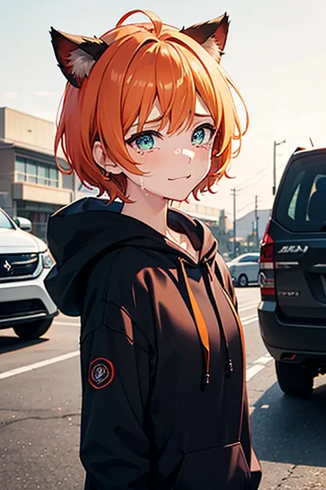 Masterpiece, best quality, 1girl, orange hair, short hair, black cat ears, cyan eyes, fake smile, black hoodie, disbelief, crying, Mitsubishi dealership, outdoor, day, upper body