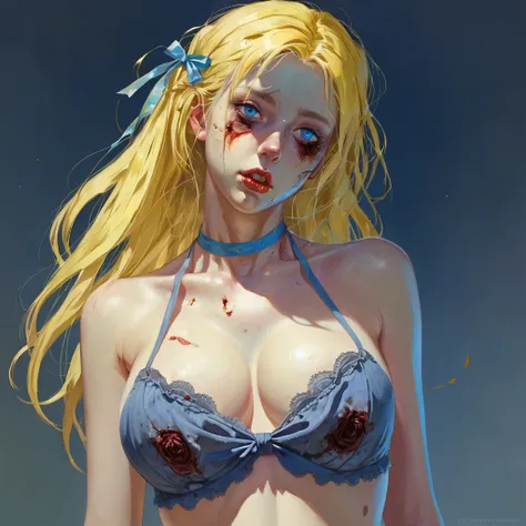 (finely detailed beautiful eyes and detailed zombie face,masterpiece sidelighting,masterpiece,best quality,detailed,high resolution illustration),, (1 topless zombie,whole body,sundress,lustrous skin,looking down,looking at viewer),, (yellow hair,blue eyes...