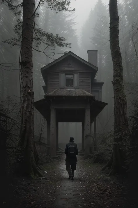 A lonely man with a backpack walks through the forest, an old house, Stefan Koidl inspired, Bussière Rutkowski Andreas Rocha, Maxim Verekhin, inspired Maxim Verekhin, inspired by Tomáš Jedruszek, dark cinematic concept art, eerie nostalgic concept art, ins...