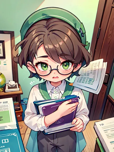 Cute, nerdy boy, brown hair, delicate face, beautiful face, shy squeezing and flushed cheeks, green eyes, delicate mouth, delicate body. Hes wearing round glasses, nerdy clothes, holding books. Scene, teenagers room.