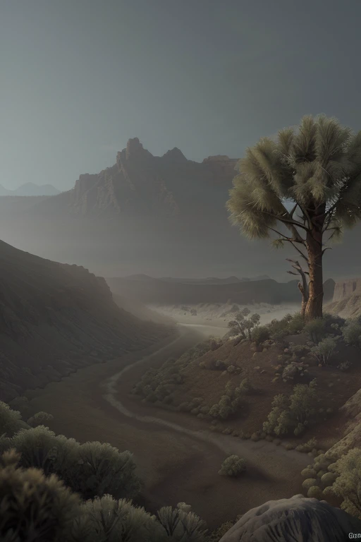 Create a desert landscape of valleys and mountains., Shrouded in thick fog, with little sunlight, with twisted trees and thick trunks, and the undergrowth resembles grass and grass, in an ultra-realistic landscape, with dead flowers, 4K, cinematic lighting...