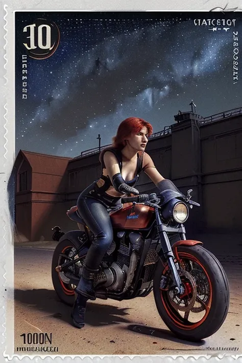 (masterpiece), (Best quality), (best detail), (distant general view), (postage stamp),(main color illustration: bright rich red), (secondary color: lapis lazuli), red motorcycle Cafe Racer, controlled by a woman with a defiant attitude, very detailed chass...