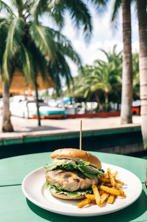 Photo of a Beautiful chicken burger on a plate under the palm trees at the beach, high aperture , Summer, film grain, Ilford HP5, 85mm