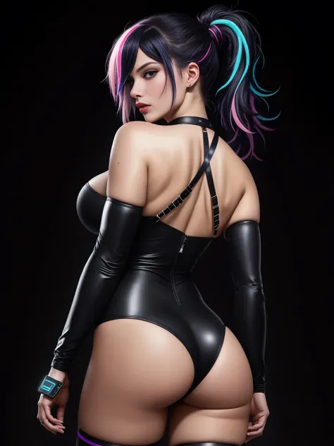 there is Margot Robbie, navy blue and bright purple neon streaked hair, nice ass, hair in pony tail, 3 d neon art of a womans body, neon-noir background, cyberpunk femme fatale, seductive cyberpunk dark fantasy, cyberpunk strip clubs, cyberpunk 20 y. o mod...