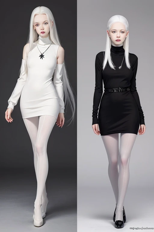 ((full body:1.4)),Cute 18 yo (albino:1.4)woman of Slavic descent.(short:1.1), , long white hair, gray eyes, ((very pale:1.4)). Innocent look. Gentle spirit.(virgin), Eyeglasses, (black turtleneck dress), necklace, ((black pantyhose)), (black Mary Janes wit...