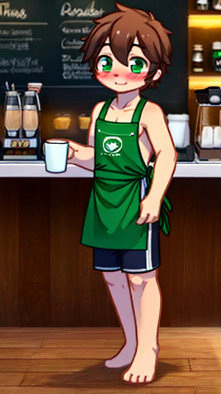 1boy, coffee, coffee shop, barista, coffee shop apron, green apron, shorts, shirtless, blush, barefoot