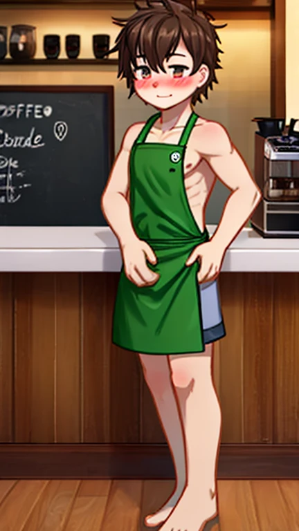 1boy, coffee, coffee shop, barista, coffee shop apron, green apron, shorts, shirtless, blush, barefoot