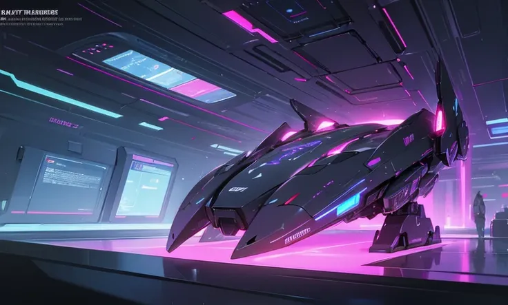 a detailed interior of an advanced futuristic spaceship, complex control panels, glowing holographic displays, neon lights, sleek metallic surfaces, advanced technology, vibrant colors, cinematic lighting, intricate details, high quality, masterpiece