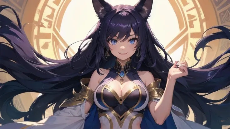 Young ebony girl, long purple hair, jackal ears, blue eyes, pharaohs clothes, smile, open torso, masterpiece, high quality