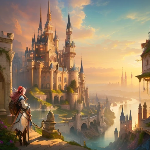 medium shot of a young woman in fantasy-futuristic clothing, she stands in front of a fantasy castle with a river and a boat, fantasy city background, beautiful art uhd 4 k, 4k fantasy art, high fantasy castle, epic castle with tall spires, young woman, 27...