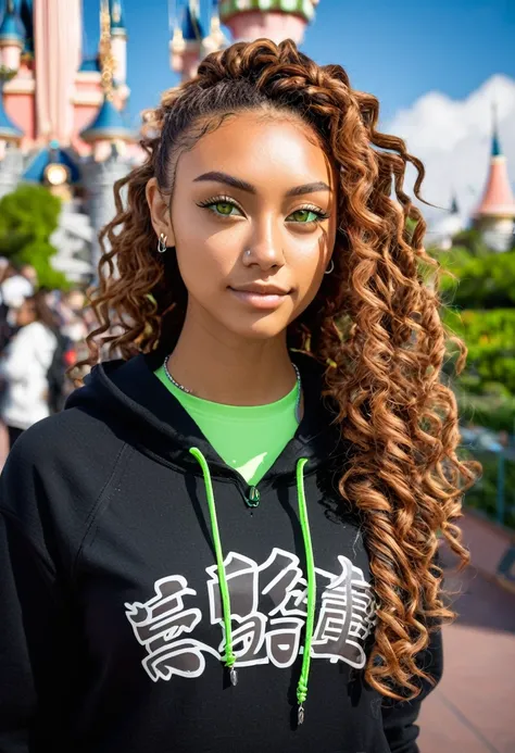 slightly tall young woman, light brown skin, light green eyes. Long brown curly hair with pigtails. Black Graphic Kanji Hoodie, necklace, silver nose piercing, transparent lipgloss, slim built, very beautiful, late adolescent, 19 years old, full body photo...