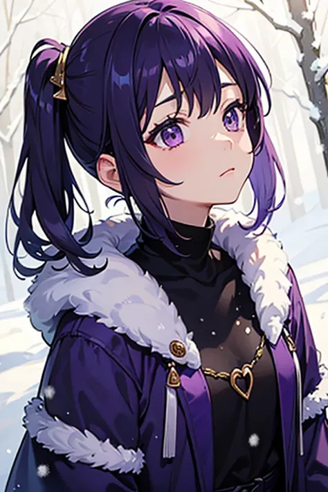 Masterpiece, best quality, winter, 1girl, purple hair, short twintails, purple eyes, looking up, purple fur coat, emotionless, upper body, close up, forest, falling snow