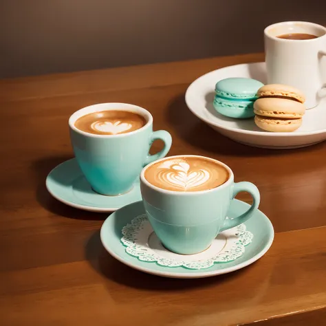 a cup of coffee and a plate of macaroons, contest winner, high resolution photo, 4k