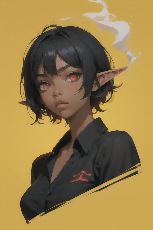 ((Best quality)), (detailed), visage parfait yellow background, black haired girl,elf ears, cigaret in hand,red eyes,black shirt,black skin, short hair 