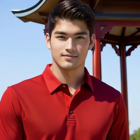 arafed man in red shirt standing in front of a gazebo, wearing a polo shirt, Asian man, light stubble with red shirt, Wear a red formal dress, wearing red dress, red shirt, Portraitกลางช็อต, Handsome Chad Chin, Asian people, Portrait, Charming and good loo...